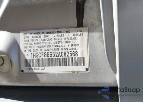 2002 Honda Accord 2.3 Vp z USA, uszkodzony, nr VIN 1HGCF86652A082568